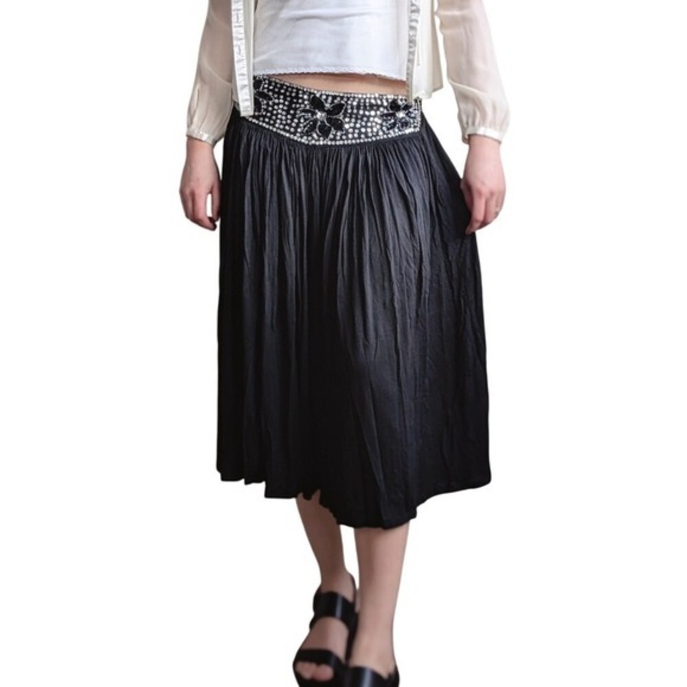 Vintage Y2K Whimsigoth Earthy Whimsy Floral Sequins Pleated Flowy Midi Skirt